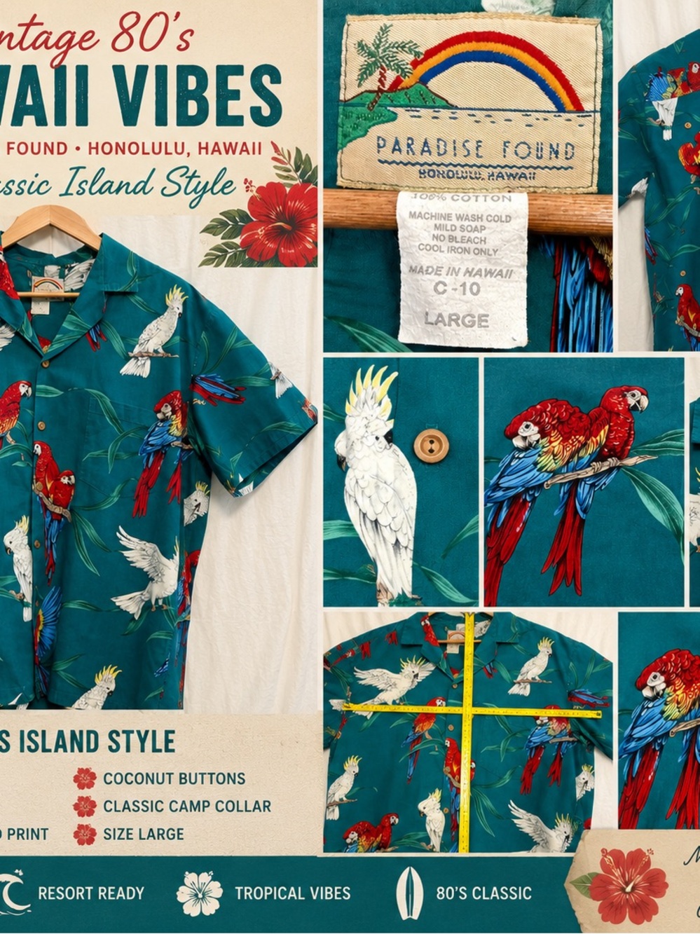 VTG 80s Paradise Found Hawaii Macaw Cockatoo Shirt Magnum PI Style L USA EUC